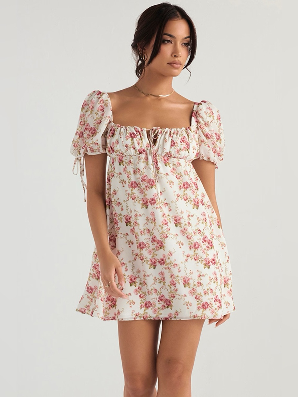 House of CB | Floral Puff-Sleeve Mini Dress in Cream and Pink